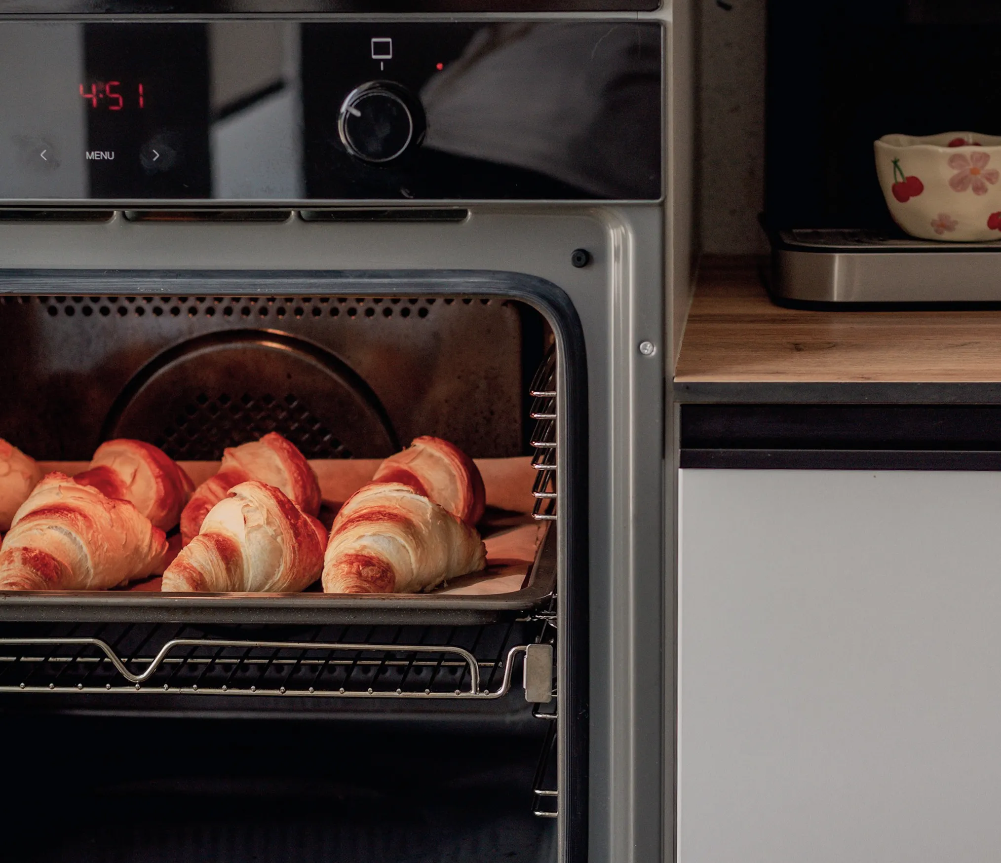 Croissants baking in an oven