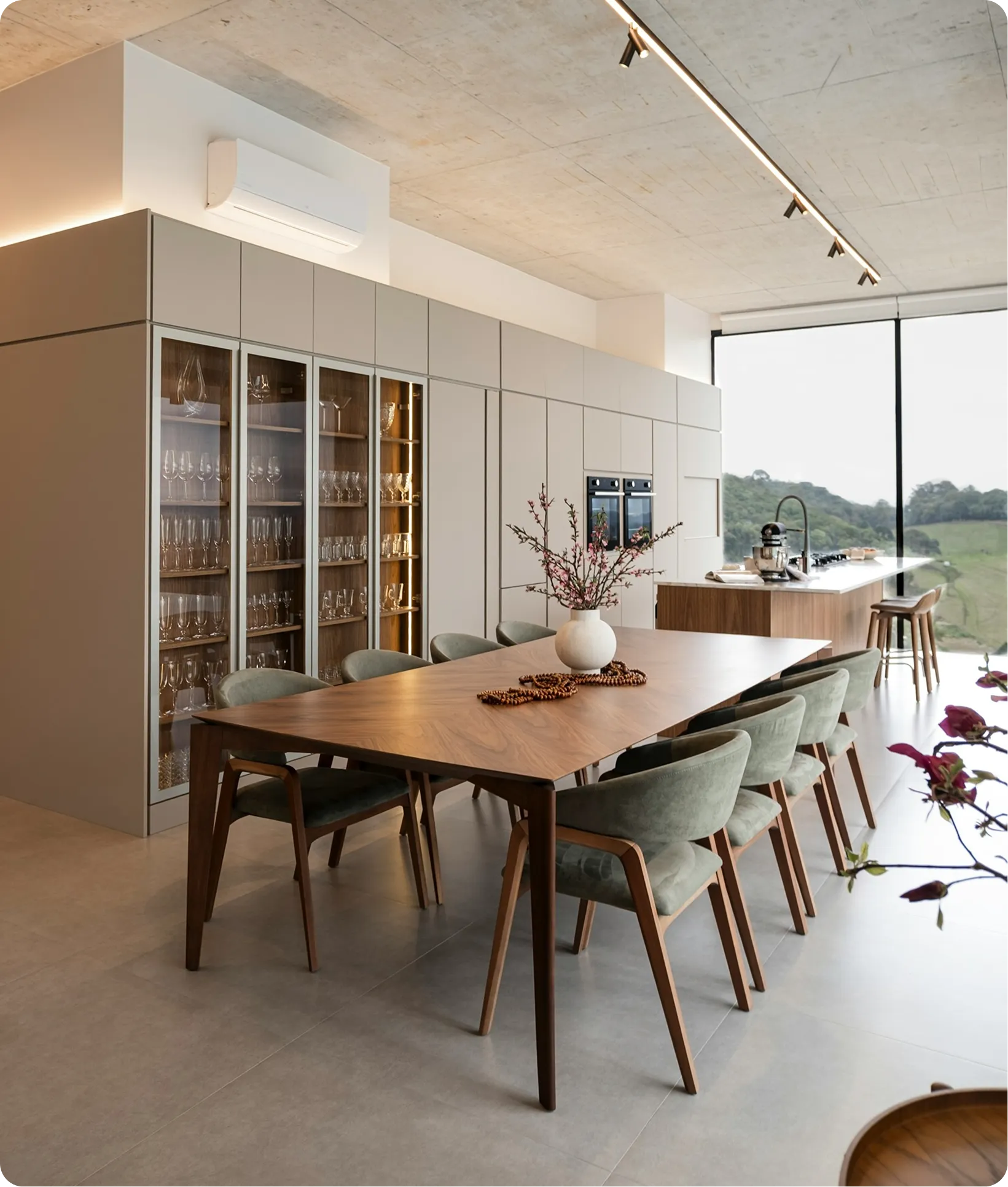 Minimalist kitchen interior with wooden dining table