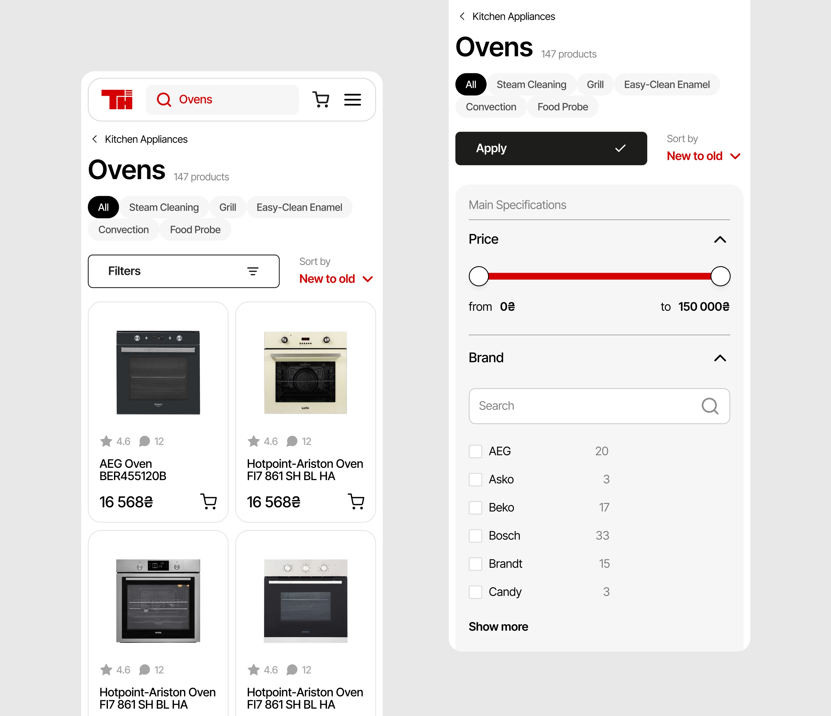 Redesigned Tehnohata product listing and filters on mobile devices