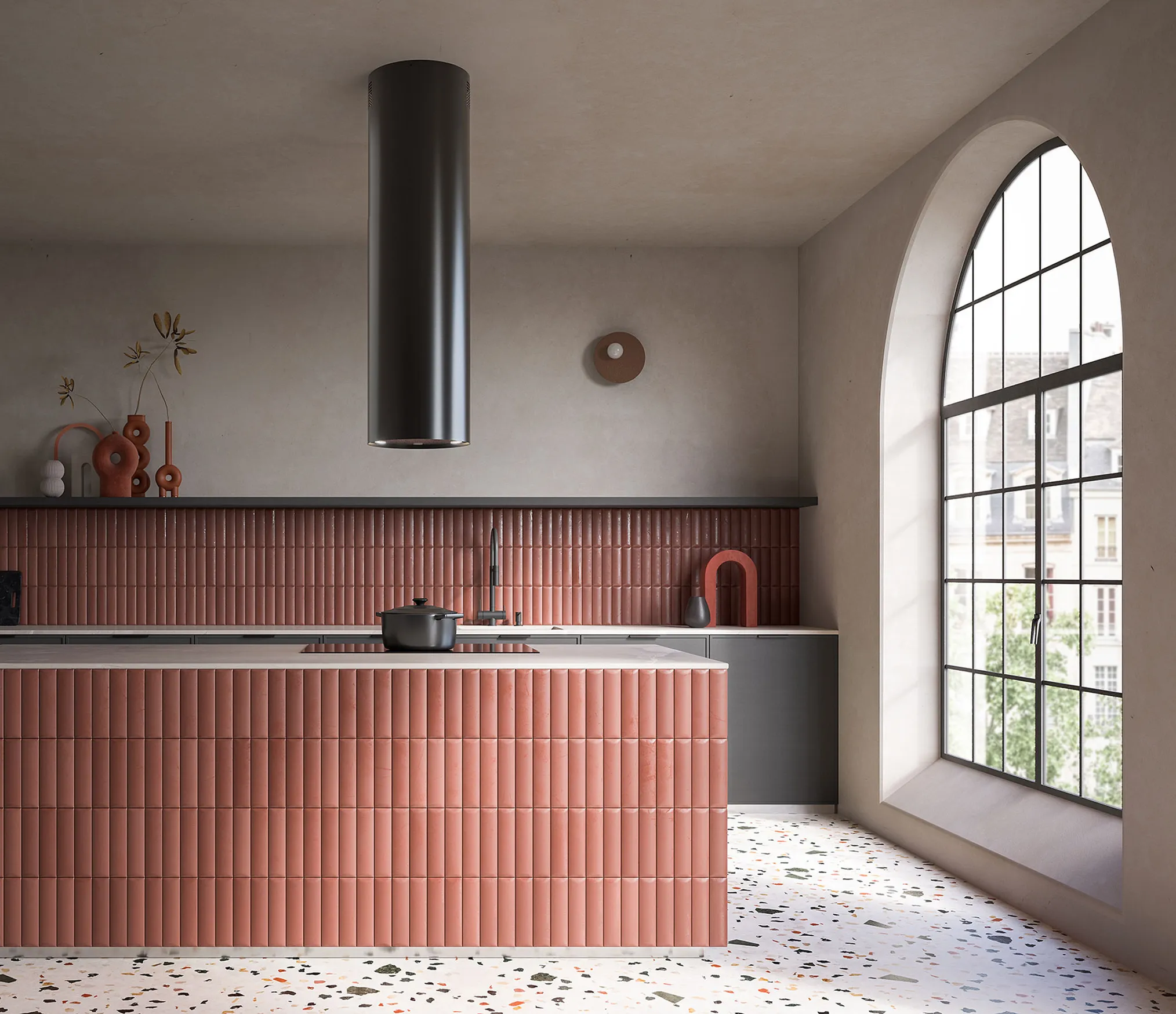 Modern kitchen interior with pink tile backsplash and arched window