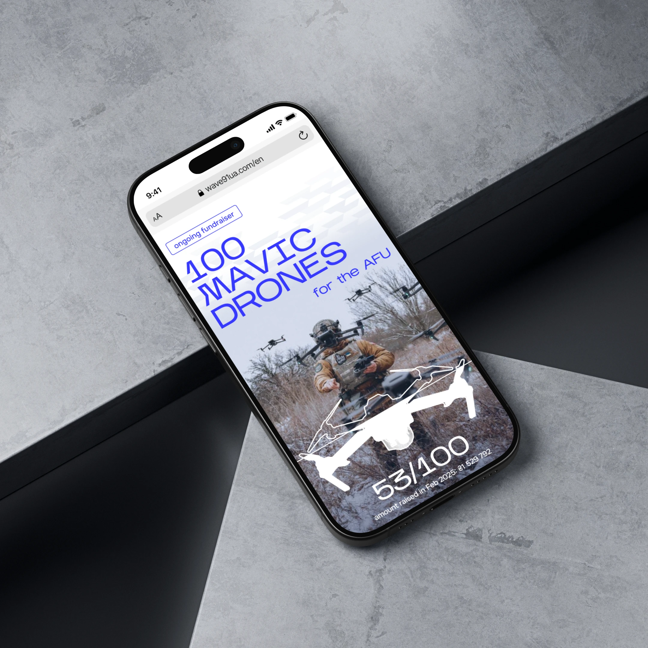 Wave'91 mobile fundraiser page mockup