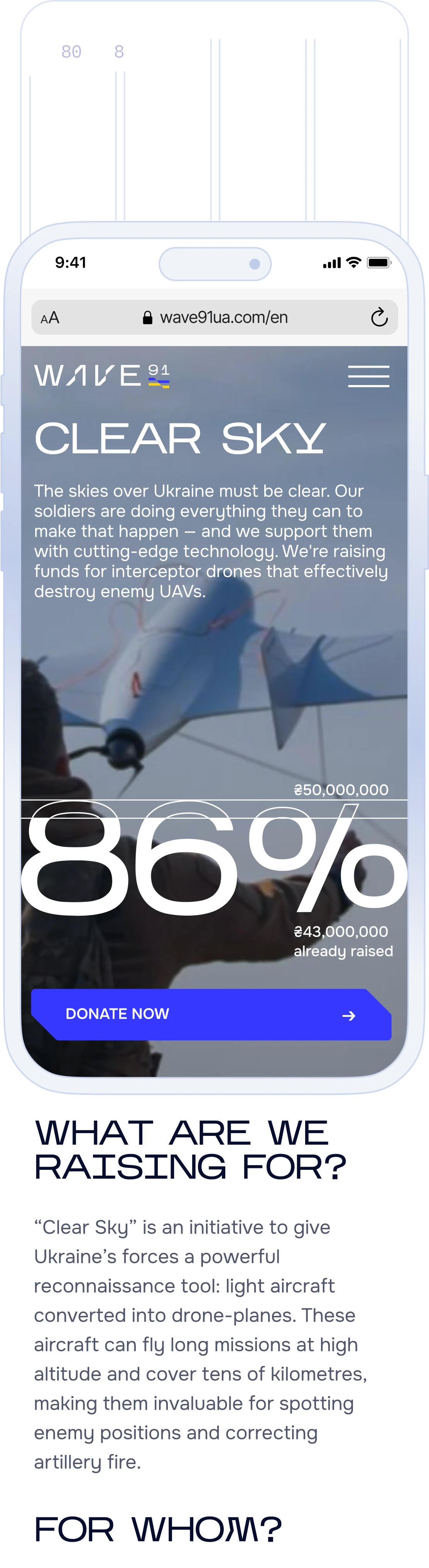 Wave'91 fundraiser page mobile screen